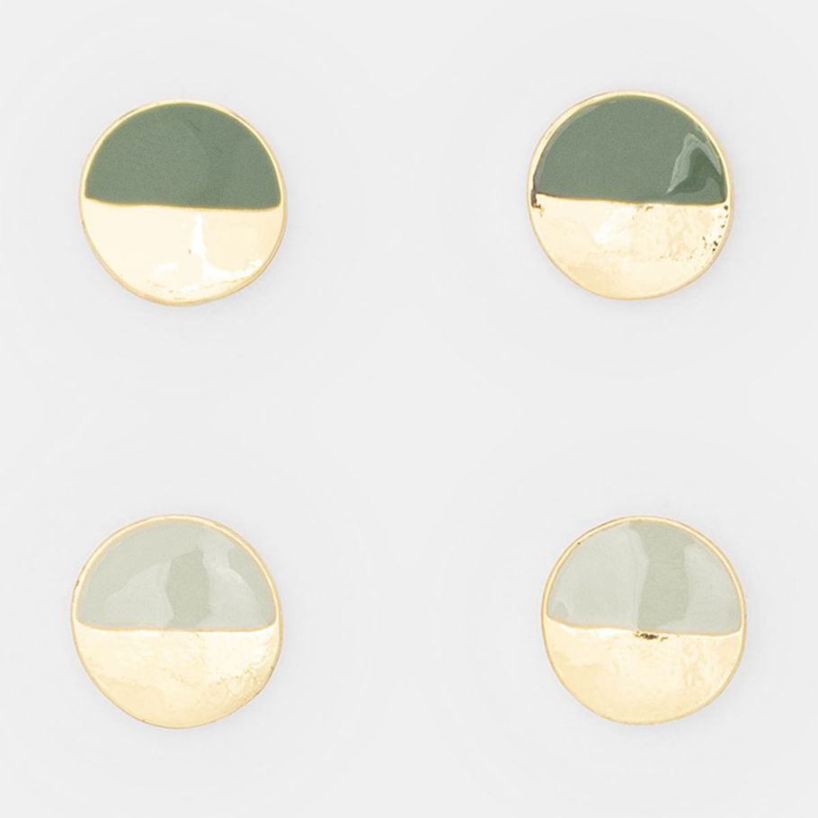 2 Pack Half Coloured Stud Earrings - Green and Gold Look