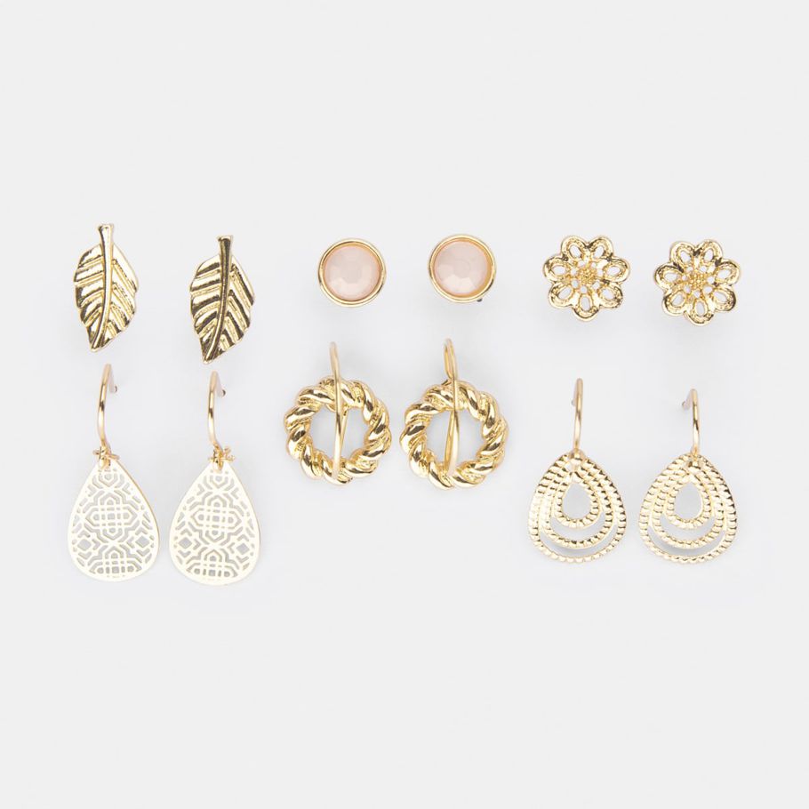 6 Pack Stud and Drop Earrings - Gold Look