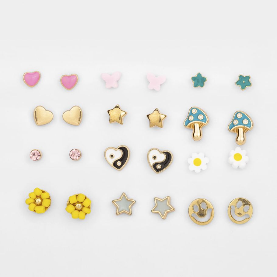 12 Pack Novelty Bright Stud Earrings - Gold Look