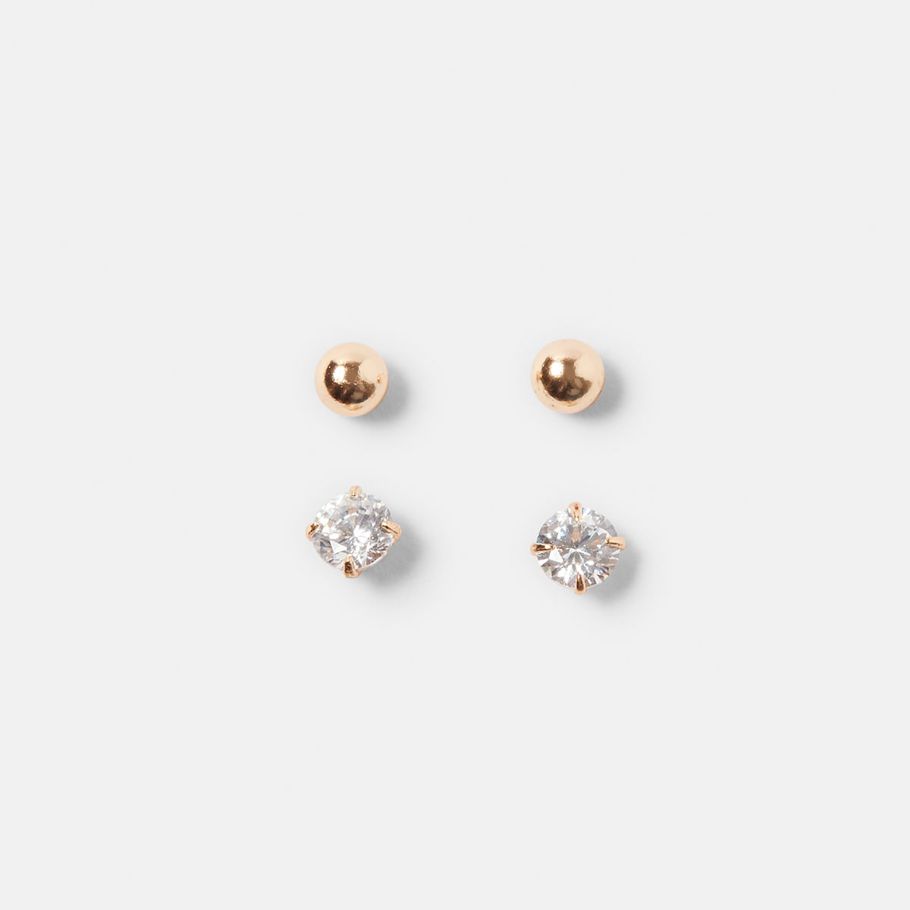 2 Pack Stud and Clear Gem Earrings - Gold Look