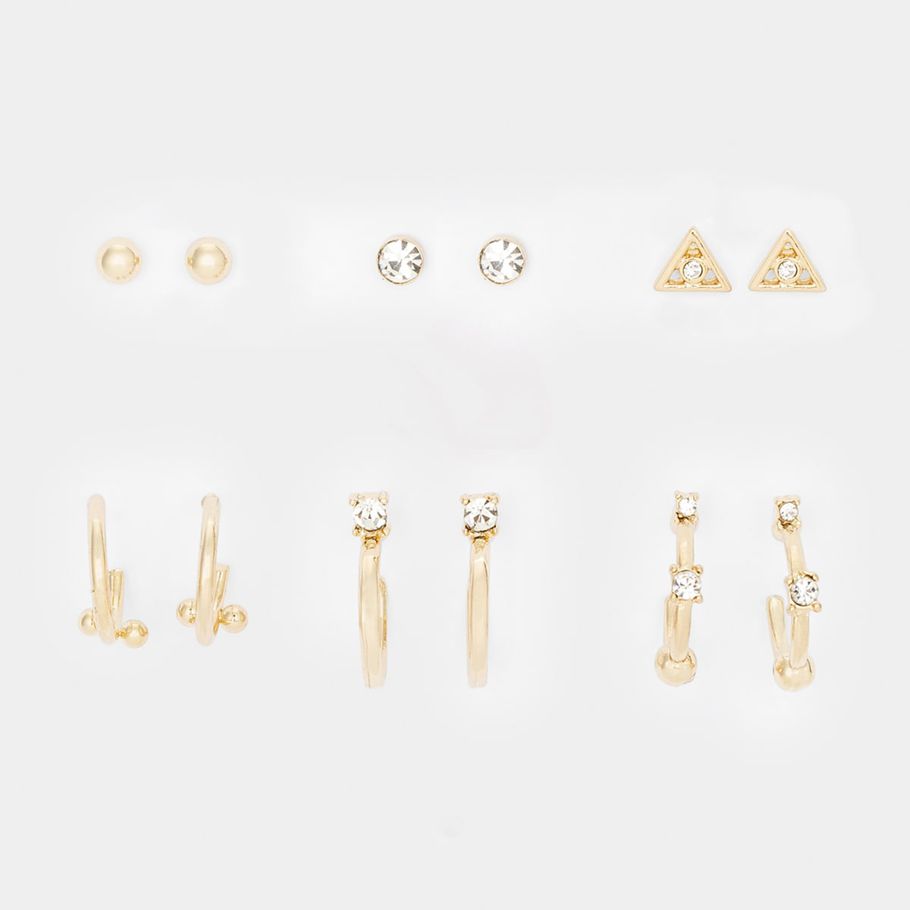 6 Pack Diamante Stipple Earrings - Gold Look