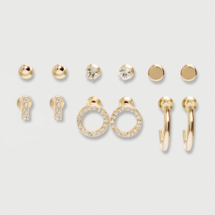 6 Pack Stud, Hoop and Huggie Earrings Set - Gold Look