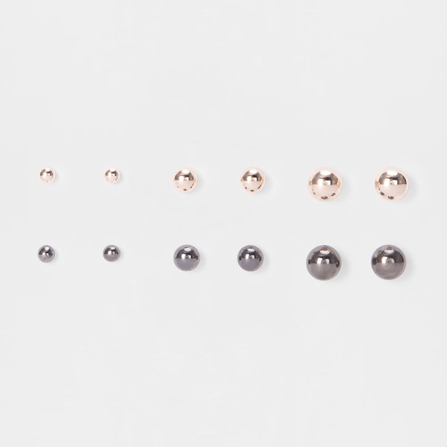 6 Pack Faux Pearl Ball Stud Earrings - Rose Gold Look and Gunmetal