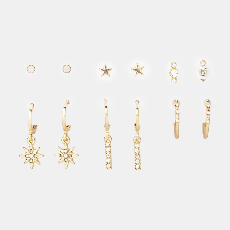 6 Pack Star Earrings - Gold Look