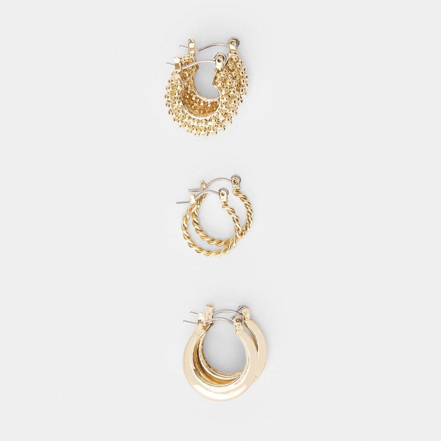 3 Pack Triple Ring Huggies Earrings - Gold Look