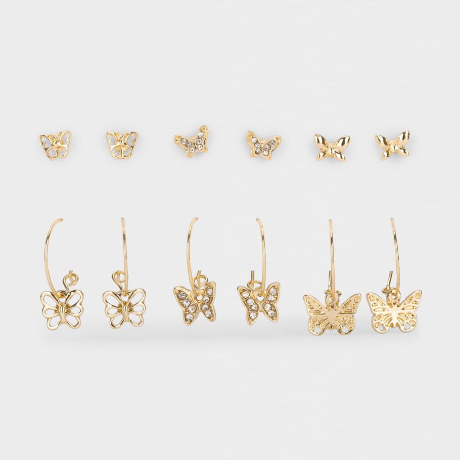 6 Pack Butterfly Stud Earrings - Gold Look