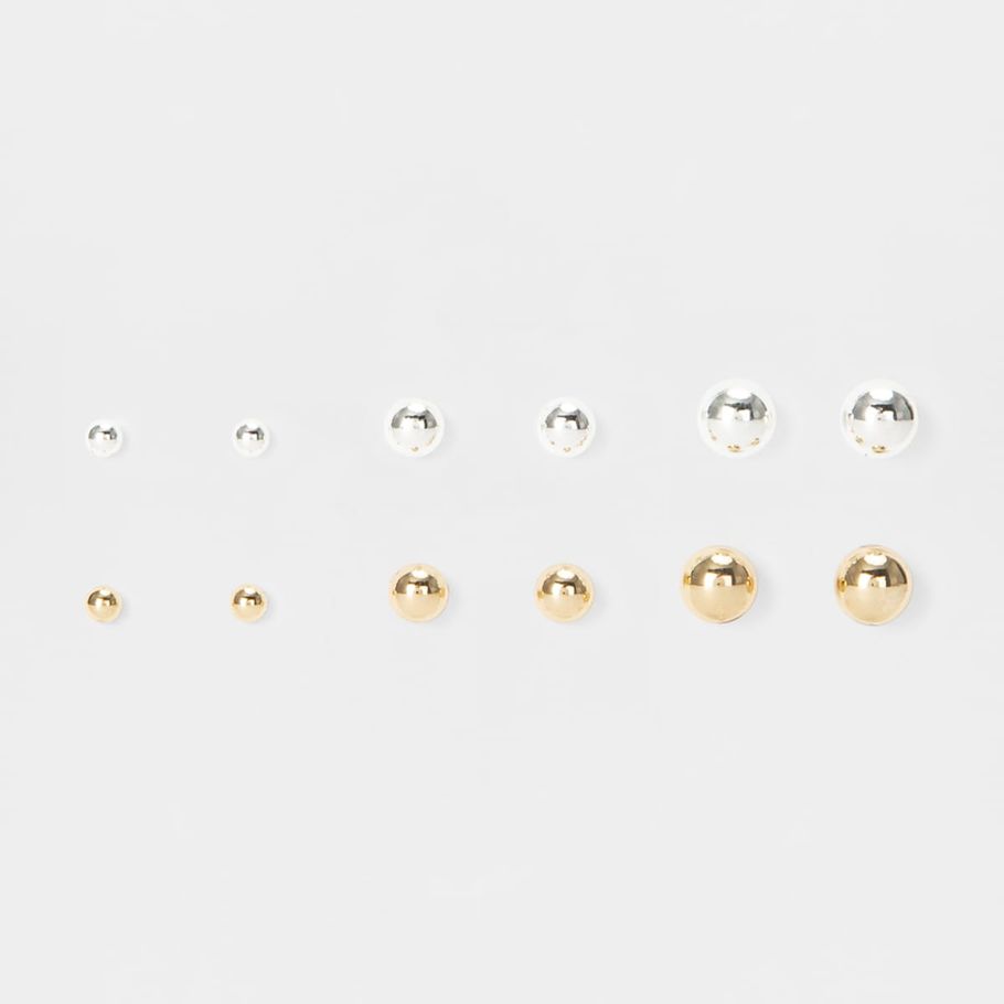 6 Pack Pearl Ball Stud Earrings - Silver and Gold Look