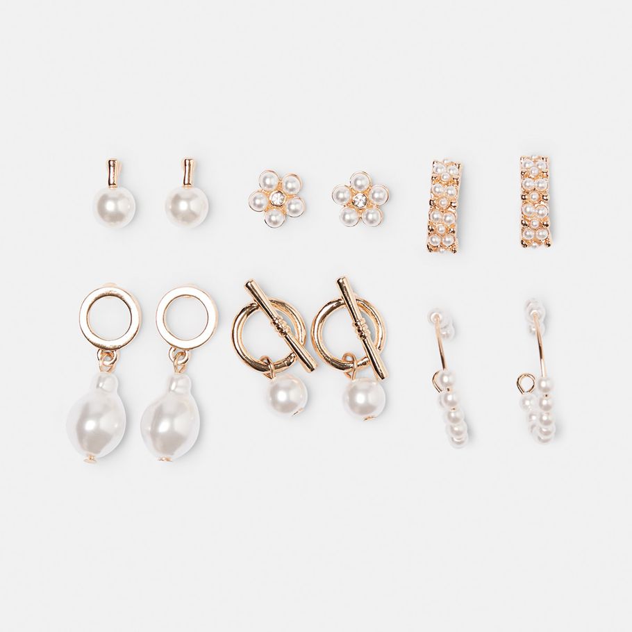 6 Pack Cluster Faux Pearl Stud Earrings - Gold Look