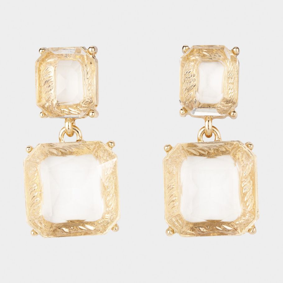 Double Square Stone Drop Earrings - Clear and Gold Look