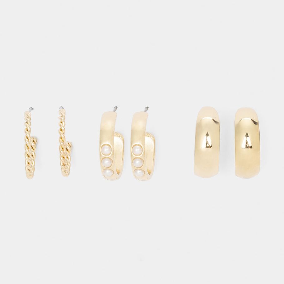 3 Pack Pearl Stipple Hoop Earrings - Gold Look