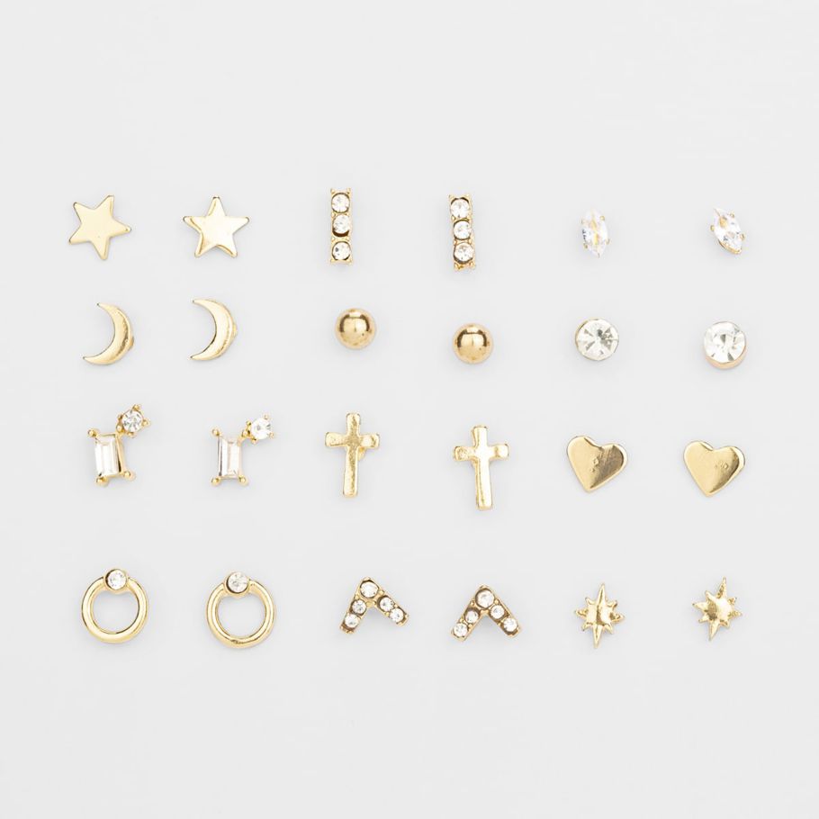 12 Pack Diamante and Cross Stud Earrings - Gold Look