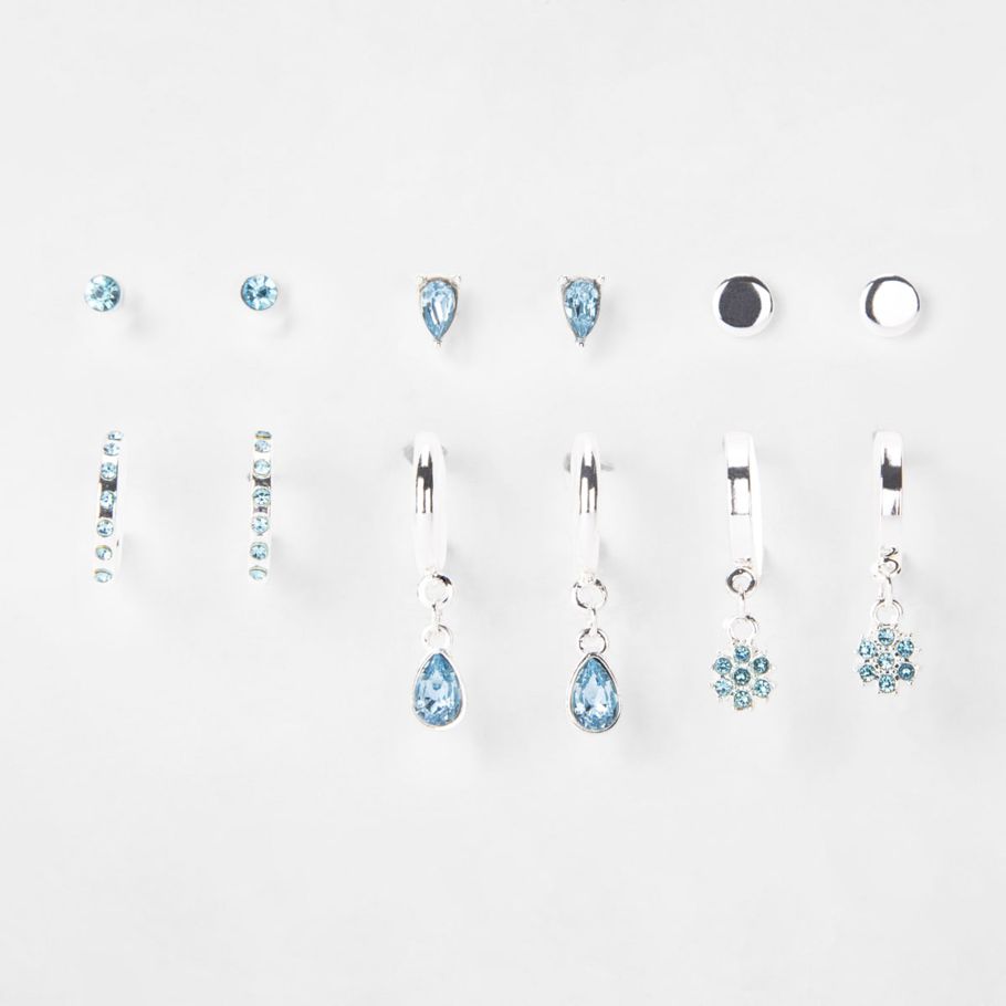 Multipack Diamante Stud and Hoop Earrings - Blue and Silver Look