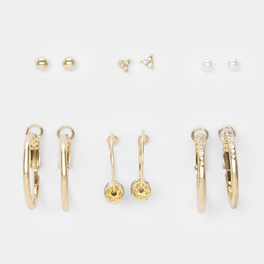 6 Pack Fine Diamante Hoop & Rhondal Earrings - Gold Look