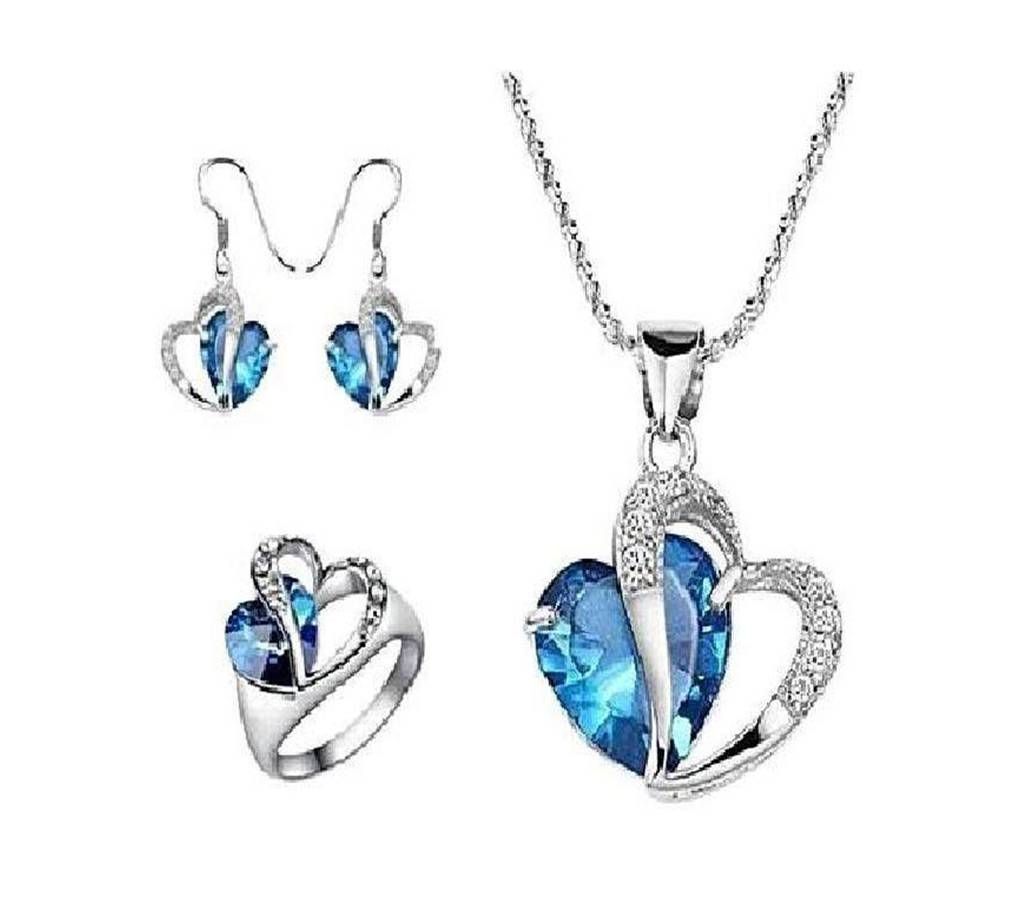3 in 1 love shaped silver and blue crystal Jewellery set 