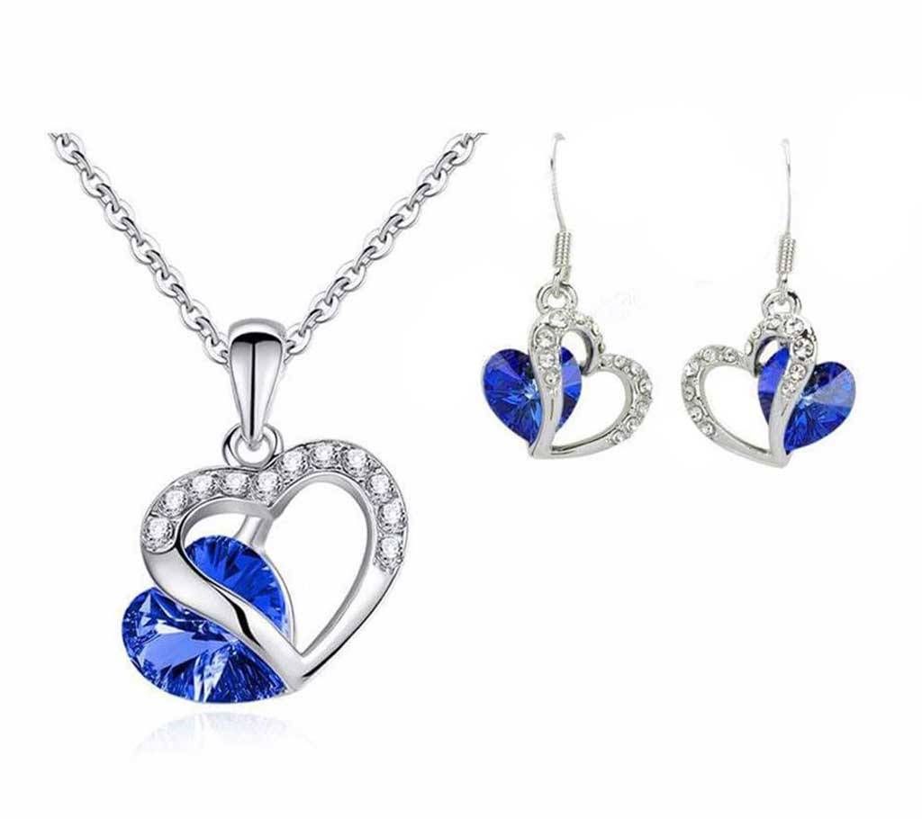 Crystal Double Heart Pendant Necklace Earring 