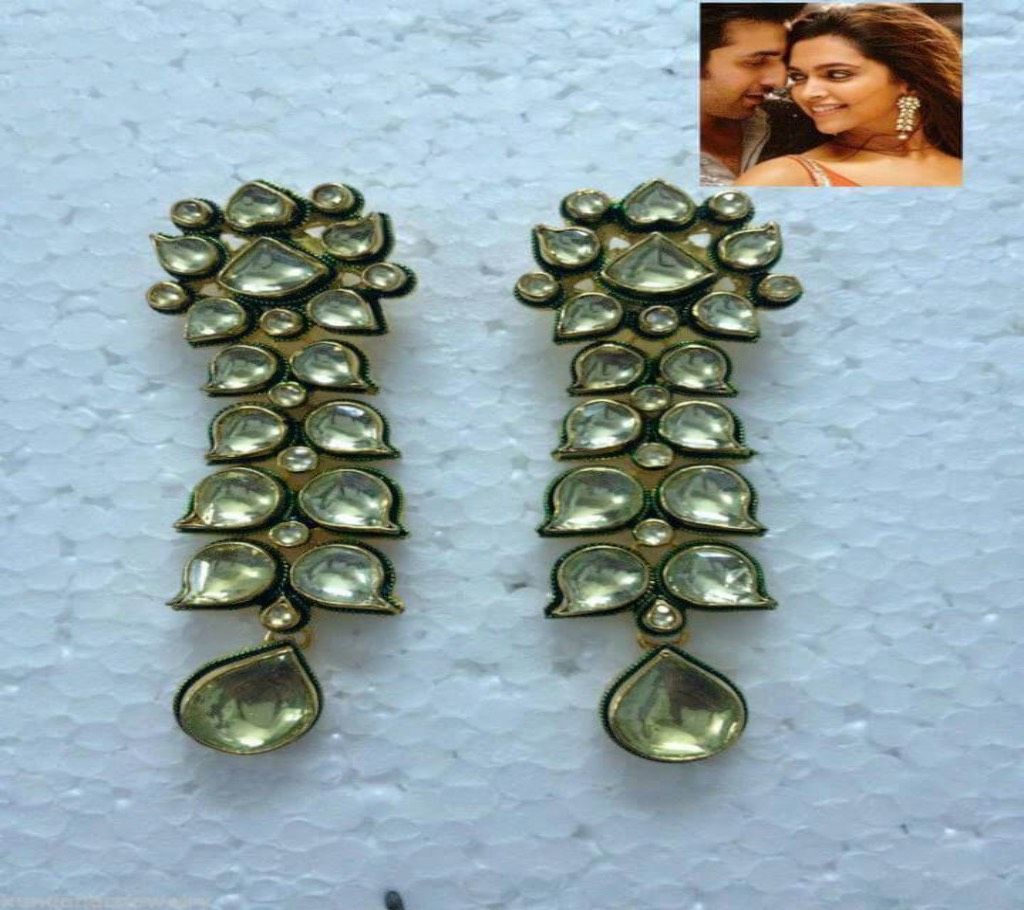 22K GOLD PLATED UNCUT KUNDAN ENAMEL DEEPIKA FAME LONG EARRINGS FASHION JEWELRY