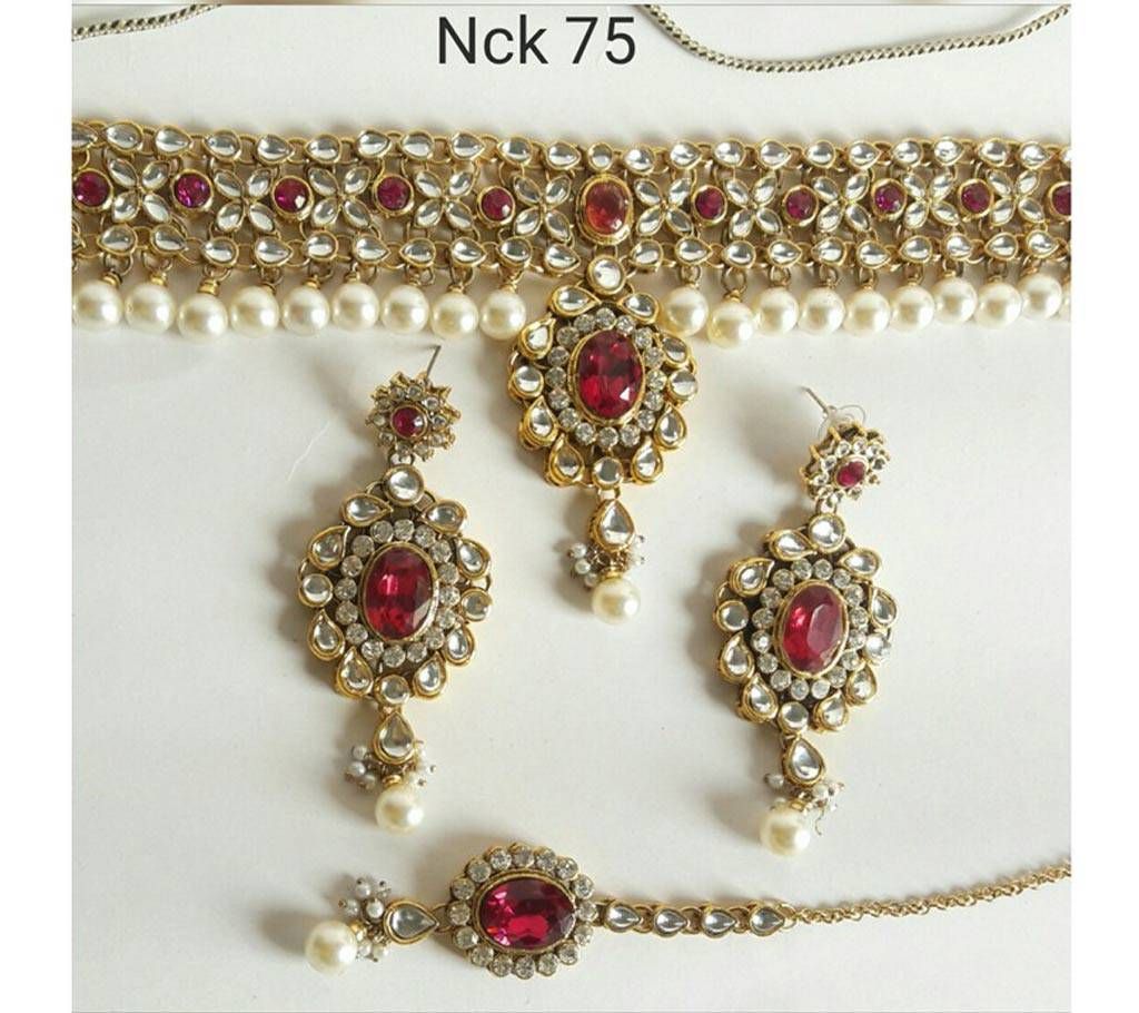 Kundan Choker Necklace earrings and Tikli set
