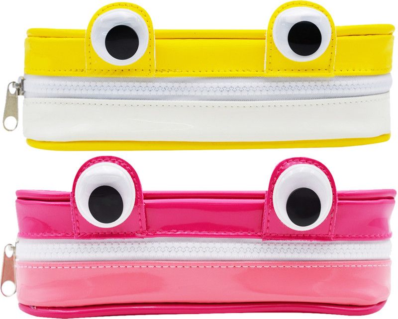 MINAAR Multipurpose Stationery Organizer Pencil Pouch Combo For School Kids Black Eyes Zipper Art Polyester Pencil Boxes  (Set of 2, Pink, Yellow, White)