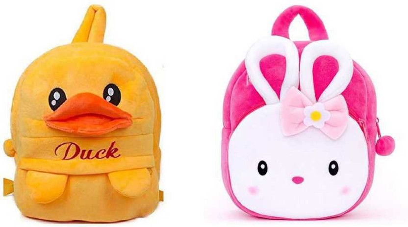 Small 10 L Backpack Soft Toy Boy Duck & Rabbit Combo Bag For Cute Kids 2-6 Years Plush Bag - 30 cm (Multicolor)  (Yellow, Pink)