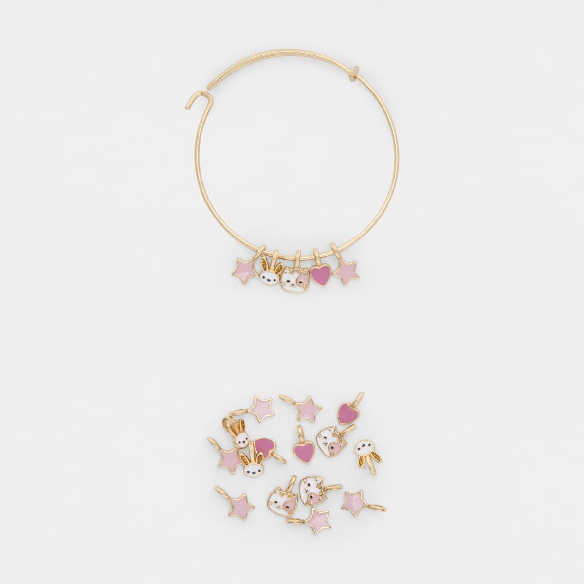 Cat & Bunny Charm Bracelet - Pink and Gold Look