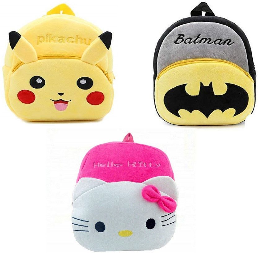 Small 10 L Backpack Pack Of 3 Kids Bags Pikachu Batman and Kitty for School /Boys/Girls Fabric  (Multicolor)