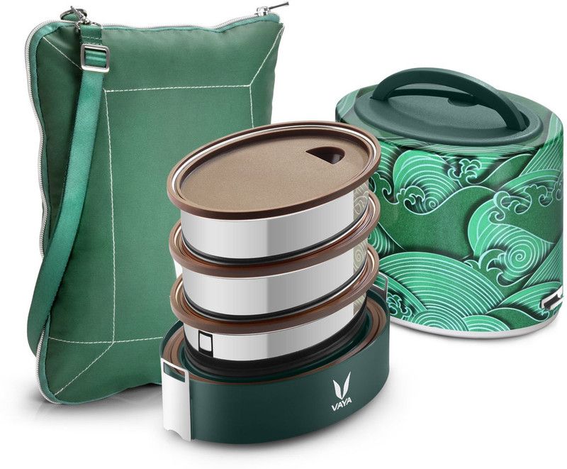 Vaya Tyffyn Lyte Kimono 1000 ml Polished Stainless Steel Tiffin Box with BagMat (One 400 ml + Two 300 ml Containers) - 3 Containers Lunch Box  (1000 ml, Thermoware)