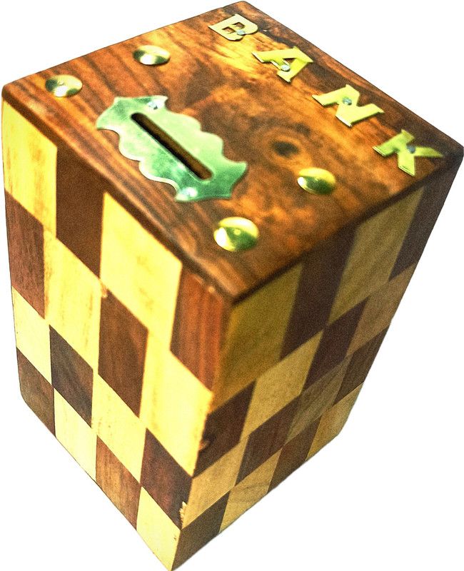 ARK WOOD ART wooden square Money Bank Wooden Money Box with Lock Funds Deposit Children Gift Coin Bank  (Brown)