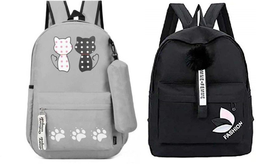 Small 18 L Laptop Backpack Very Stylish Grey Double Cat & Black Fashion Backpack Combo For Girls.  (Multicolor)