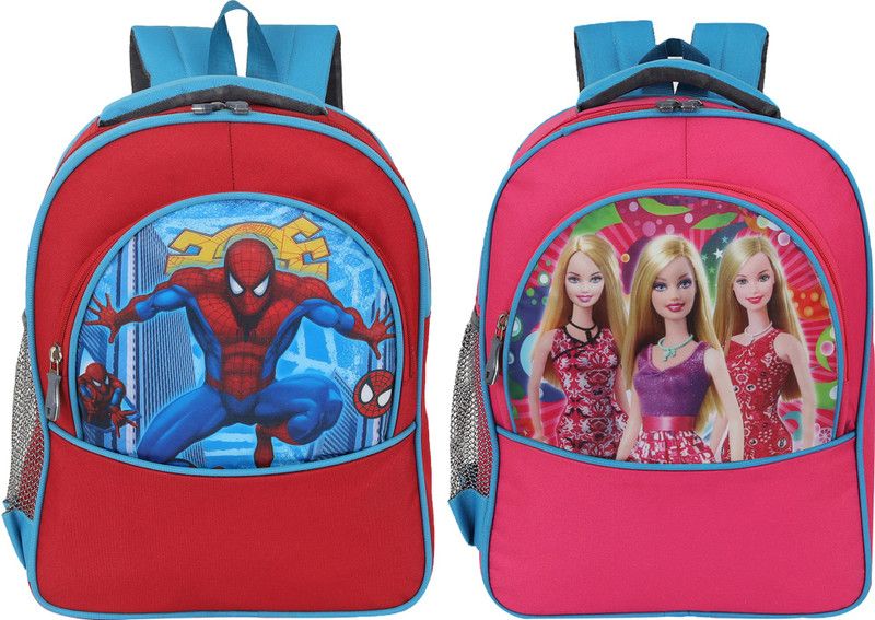 Ontop trends COMBO SPIDERMAN AND BARBIE BOYS/GIRLS SCHOOL BAG FOR (LKG/UKG/1st std) Waterproof School Bag  (Red, Dark Blue, 30 L)