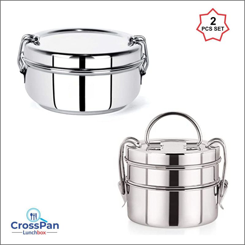 CrossPan Klassic Clipper Stainless Steel Tiffin Box, 2-Pcs Set ,Mirror Polish 3 Containers Lunch Box  (1500 ml)