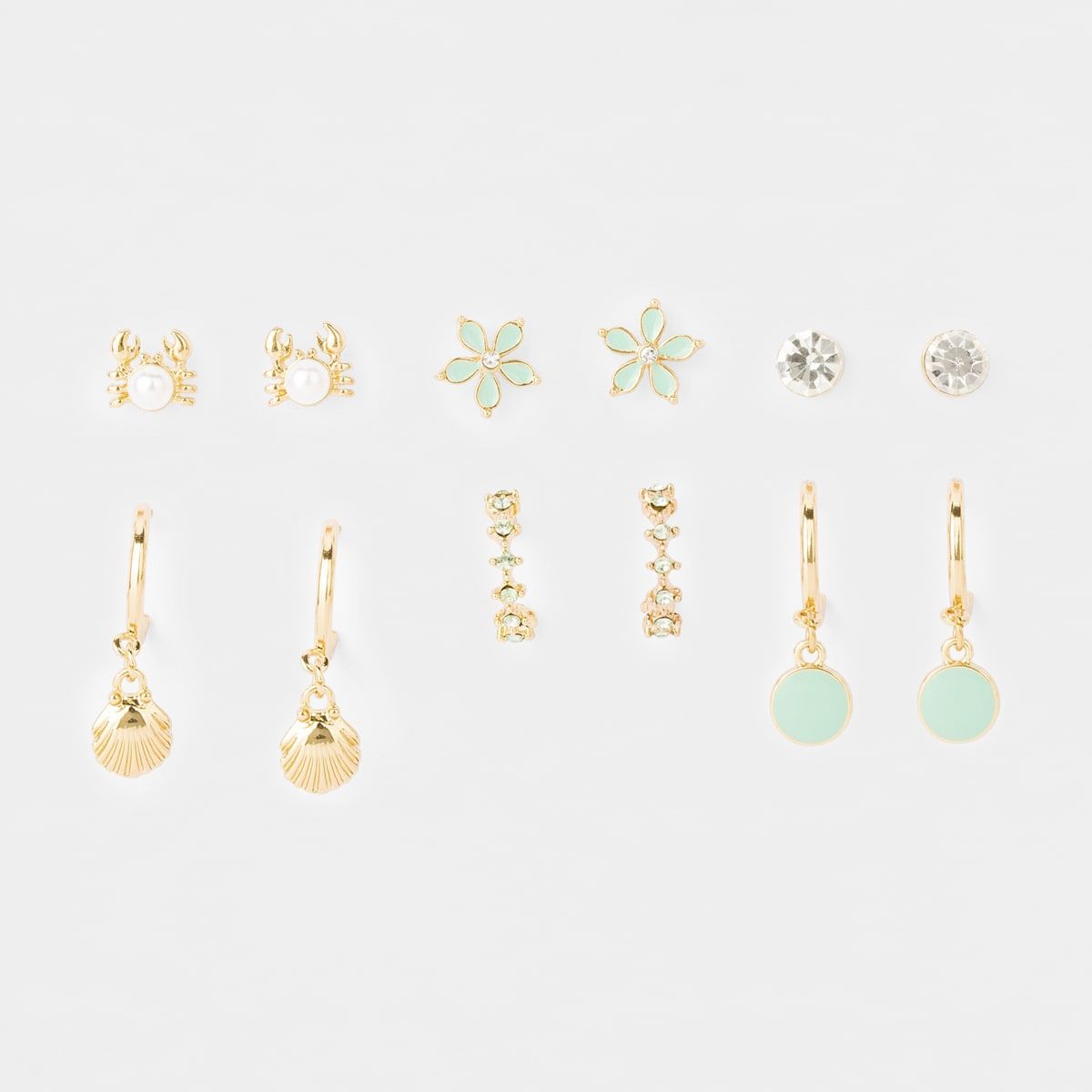 6 Pack Hoop and Stud Earrings - Sea Blue and Gold Look