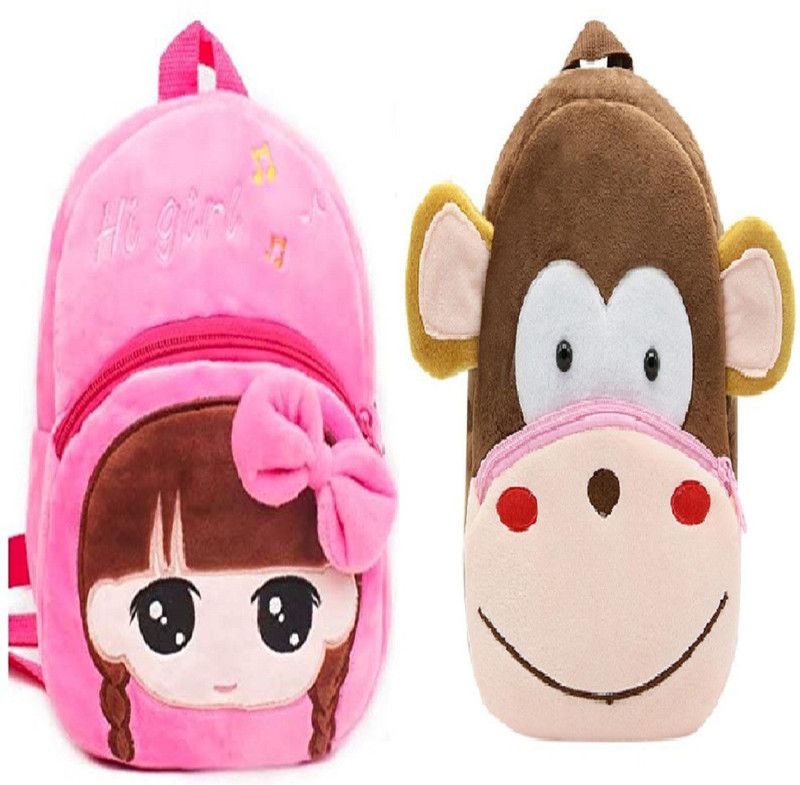 Lychee Bags Combo of velvet kids school bags Hi girls and Monkey Backpack  (Brown, 10 L)