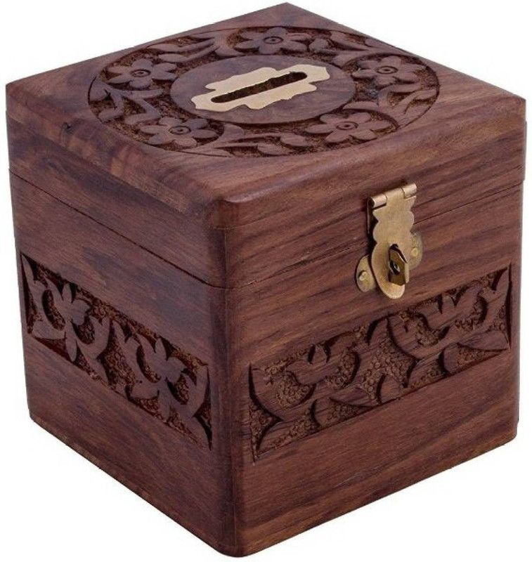 pebble crafts wooden square money bank- coin holder Coin Bank  (Brown)