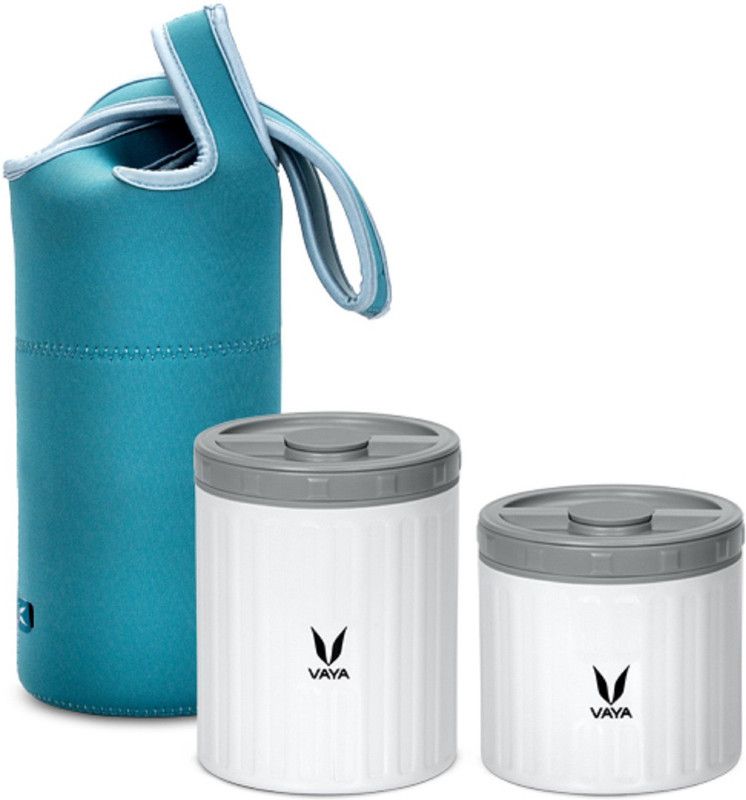 Vaya Preserve LunchKit - 800 ml (1 x 300 ml + 1 x 500 ml) White Vacuum Insulated Stainless Steel Meal Container with Blue lunch bag, Meal Carrier, Portable Lunch Box - 2 Containers Lunch Box  (800 ml, Thermoware)