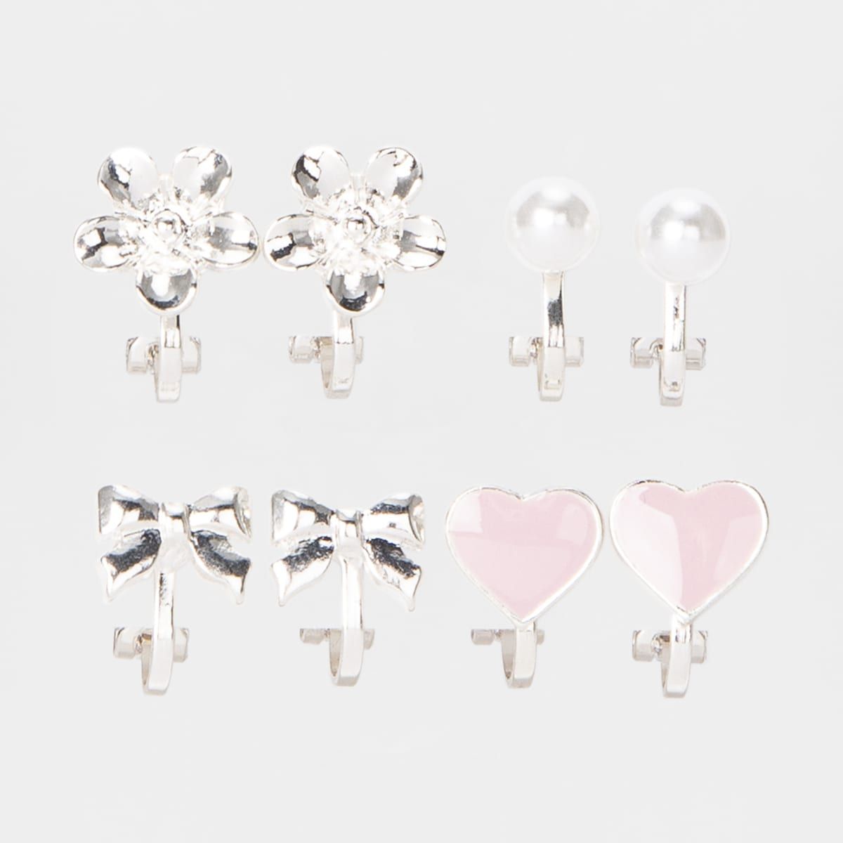 4 Pack Bow & Flower Clip on Earrings - Silver Look