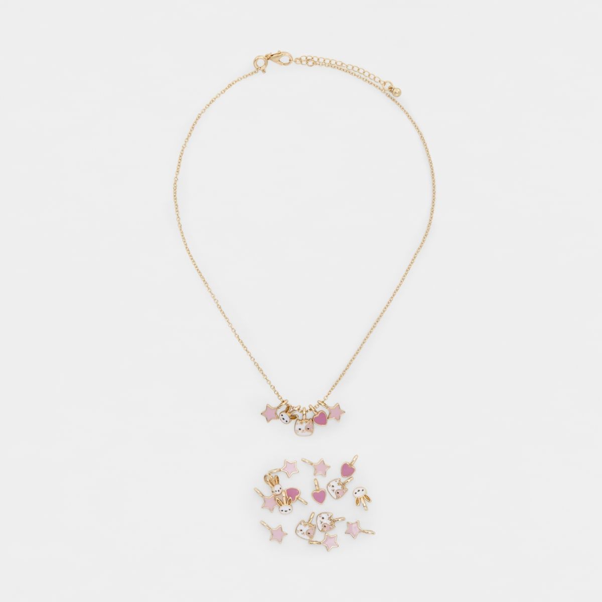 Cat & Bunny Charms Necklace - Pink and Gold Look