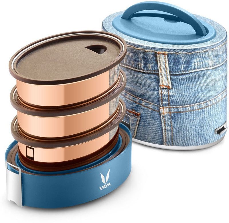 Vaya Tyffyn 1000 ml Denim Copper-Finished Stainless Steel Tiffin Box without BagMat (One 400 ml + Two 300 ml Containers) - 3 Containers Lunch Box  (1000 ml, Thermoware)