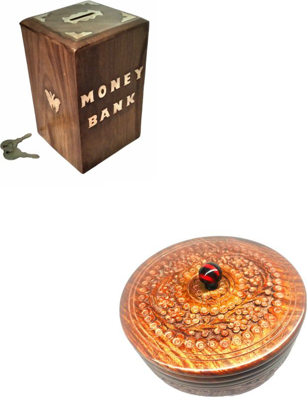 ARK WOOD ART Wooden Money Bank donation bank with wooden casserole (combo of 2 packs) Coin Bank  (Brown)