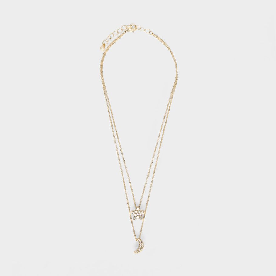Diamante Moon and Star Layered Necklace - Gold Look