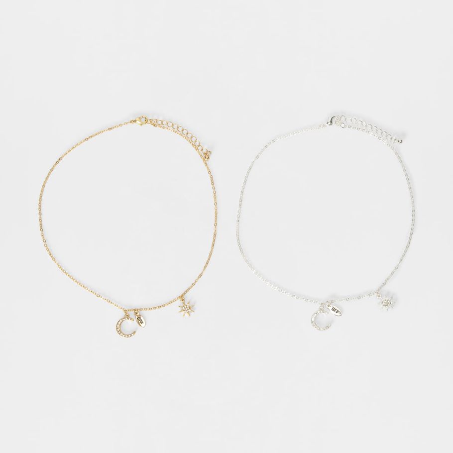2 Pack BFF Moon and Star Necklace - Gold Look