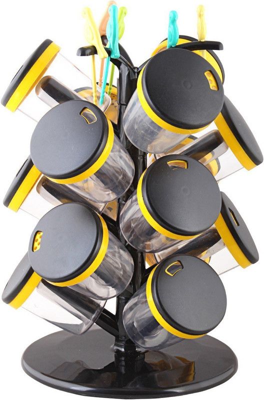 15-Jar Cute Revolving Spice Masala Box Rack with Fruit Fork, Yellow 1 Piece Spice Set  (Plastic)
