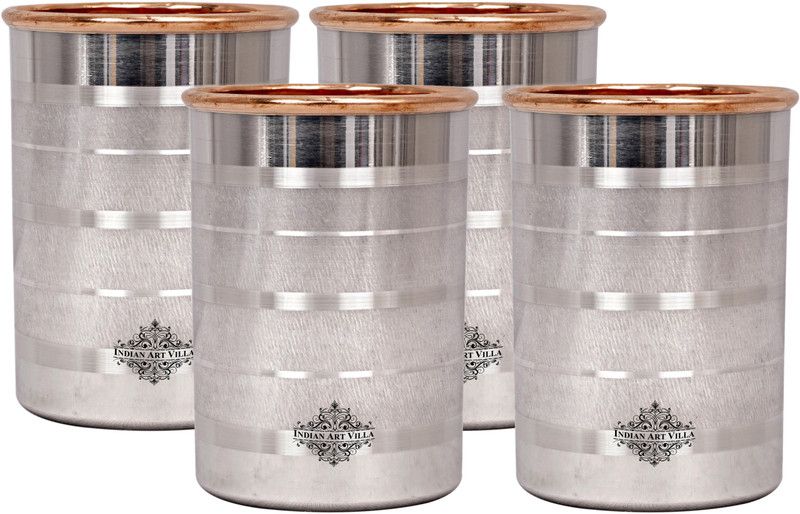 IndianArtVilla (Pack of 4) Set of Steel Copper Glass,Luxury Design,Each 250 ML,Drinkware Glass Water/Juice Glass  (250 ml, Steel, Silver, Brown)