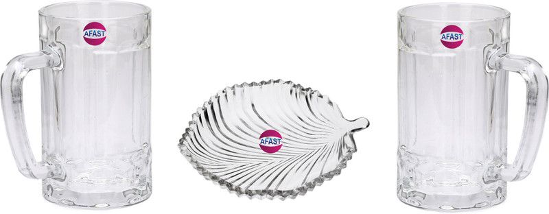 AFAST (Pack of 3) Transparent Glass Beer & Snack Plate Set Mo47 Glass Set Beer Mug  (410 ml, Glass, Clear)
