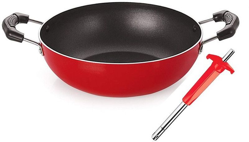 NIRLON Cooking Non-Stick Round Bottom Deep Fry Kadhai Wok Pans (25cm/2.5 litres) & Free Lighter Non-Stick Coated Cookware Set  (Aluminium, Stainless Steel, 2 - Piece)