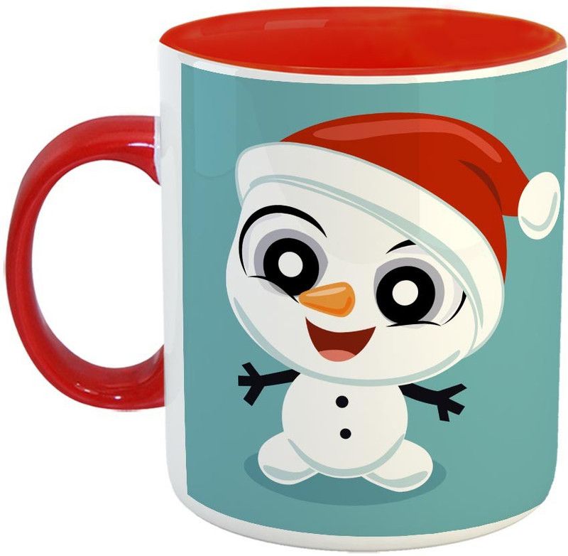 Furnish Fantasy Little Snowman with Santa Hat Ceramic Coffee - Best Gift for Christmas - Color - Red (1059) Ceramic Coffee Mug  (350 ml)