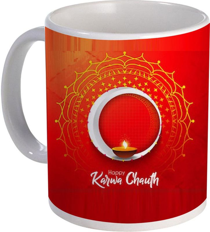 COLOR YARD best happy karwa chauth design with moon and diya on Ceramic Coffee Mug  (320 ml)