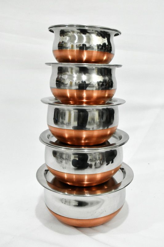 Sonanshi Stainless Steel Copper Bottom Handi/Pot Biryani Punjabi Handi Set with Lid 5 Pieces Set (Capacity:- 0.5 L, 0.8 L, 1.2 L, 1.5 L, 1.8 L) Handi 0.5 L, 0.8 L, 1.2 L, 1.5 L, 1.8 L with Lid  (Copper, Stainless Steel, Induction Bottom)