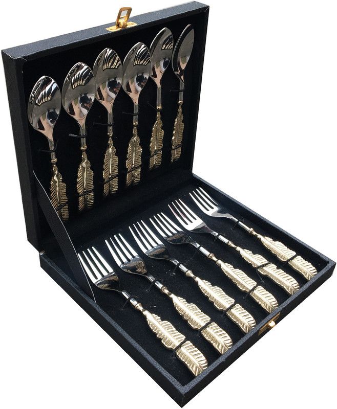 Maverics Leaf Handle Designer 6 Baby Spoon and 6 Baby Fork Set of 12 PCs Cutlery Set for Wedding Party Gift Disposable Brass Cutlery Set  (Pack of 12)