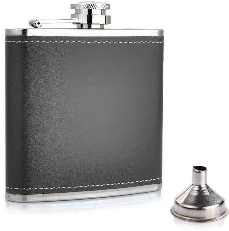 MENZY Appy Hours Moment Liquor Or Alcohol Drinks Wine Whiskey Vodka Holder With Funnel Leather, Stainless Steel Hip Flask  (210 ml)