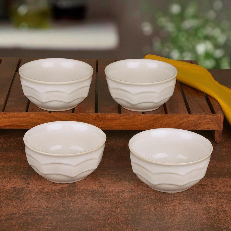 StyleMyWay Ceramic Serving Bowl Handcrafted Ceramic Dinner Serving Bowls (200 ml each, Set of 4, White)  (Pack of 4, White)